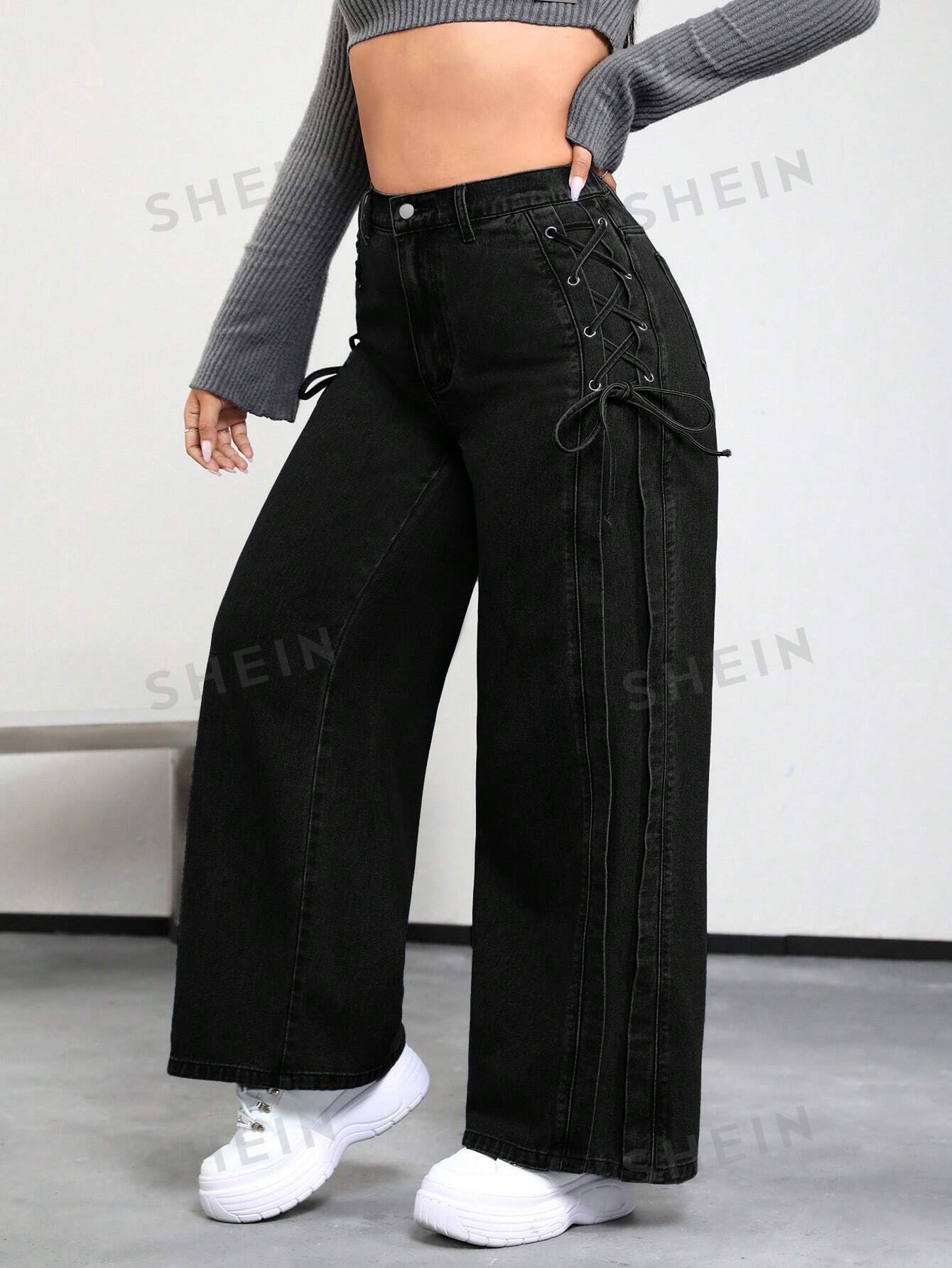 SHEIN ICON Plus Lace Up Side Wide Leg Jeans - Negative Apparel