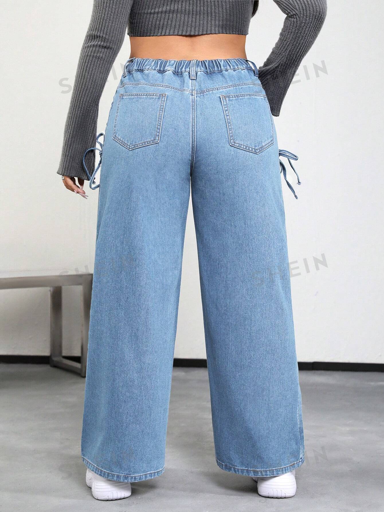 SHEIN ICON Plus Lace Up Side Wide Leg Jeans - Negative Apparel