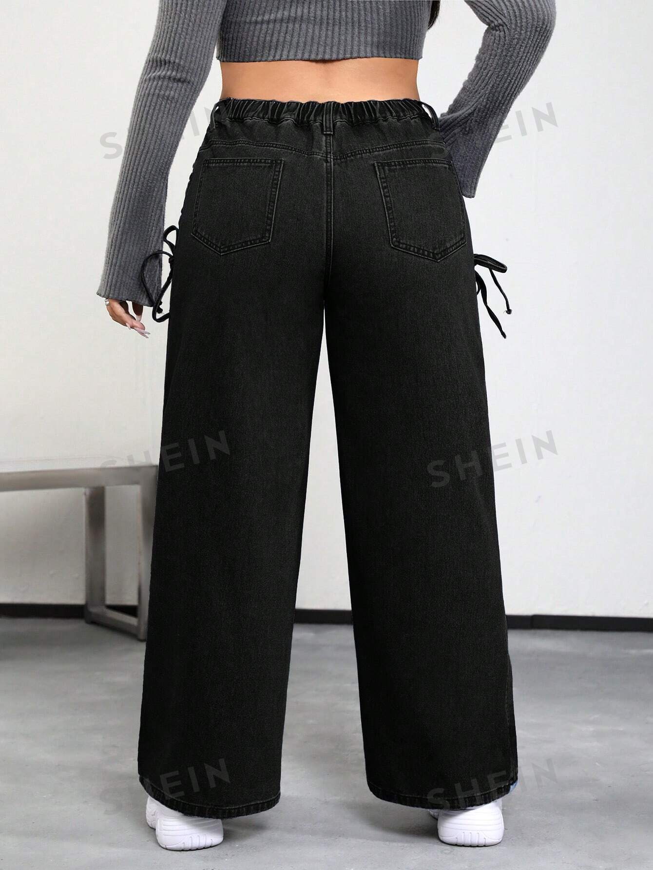 SHEIN ICON Plus Lace Up Side Wide Leg Jeans - Negative Apparel