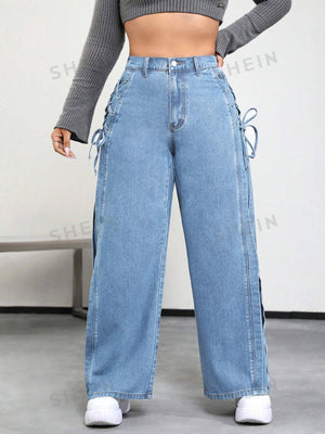 SHEIN ICON Plus Lace Up Side Wide Leg Jeans - Negative Apparel