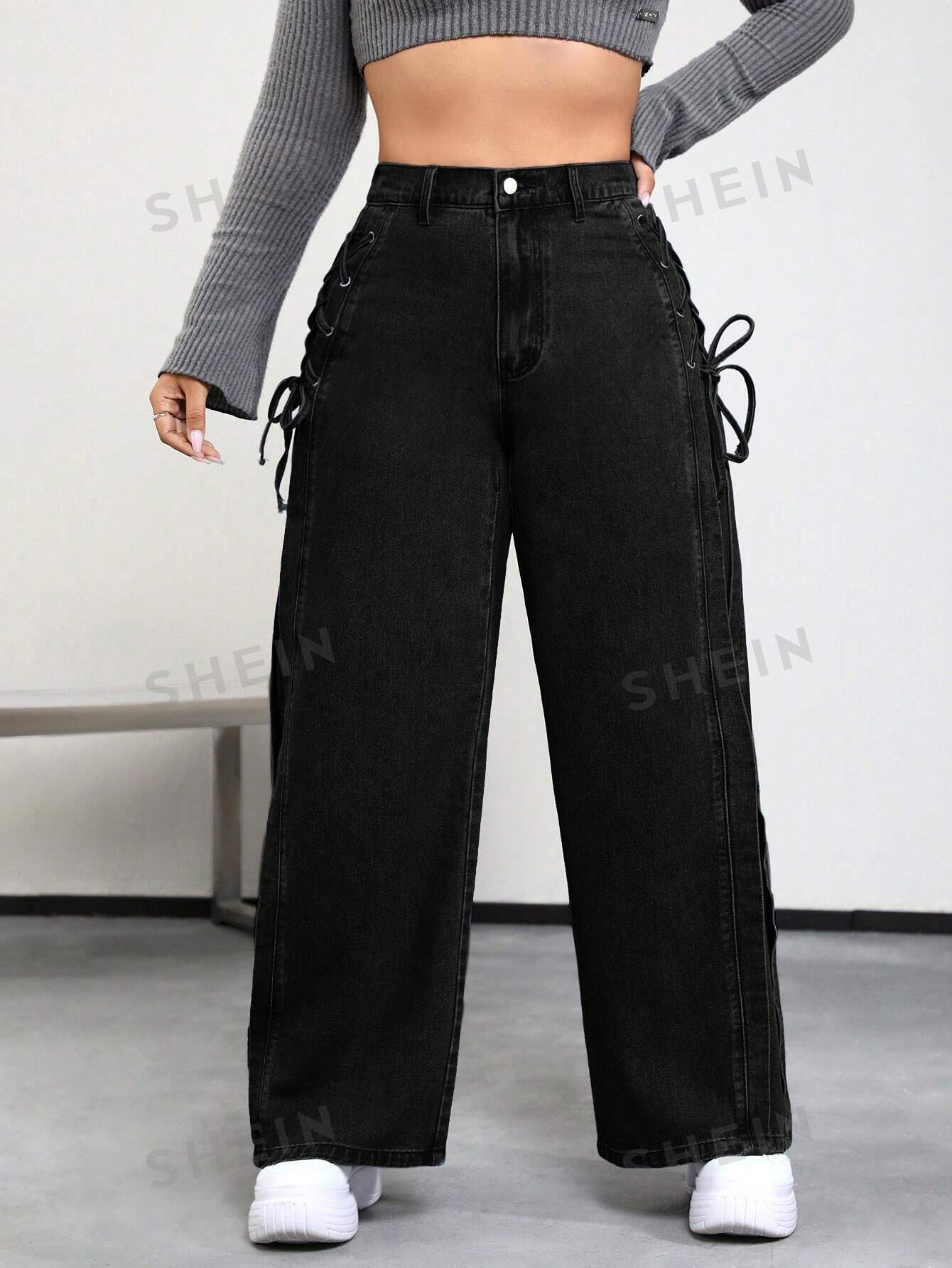 SHEIN ICON Plus Lace Up Side Wide Leg Jeans - Negative Apparel