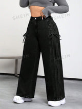 SHEIN ICON Plus Lace Up Side Wide Leg Jeans - Negative Apparel