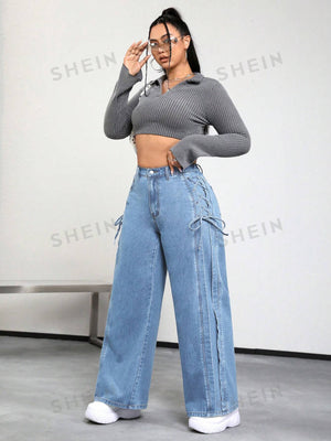 SHEIN ICON Plus Lace Up Side Wide Leg Jeans - Negative Apparel