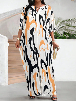 SHEIN Lady Autumn AndCasual Contrast Woven Notched Wrap One Piece Sleeve Maxi Plus Size Dresses Fall Women Outfits Going Out Outfits Women Robes Four Seasonseaster Dress Women Beach Outfits For Woman Business Casual Woman Summer Outfits For Women Summer D - Negative Apparel