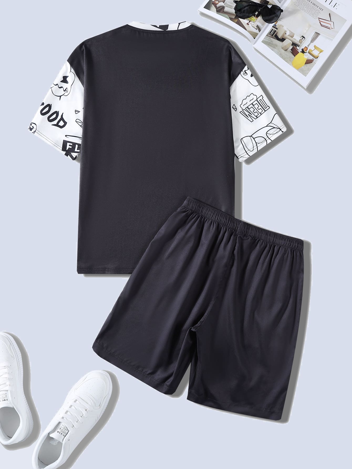 SHEIN Letter & Cartoon Graphic Tee & Drawstring Track Shorts Set - Negative Apparel