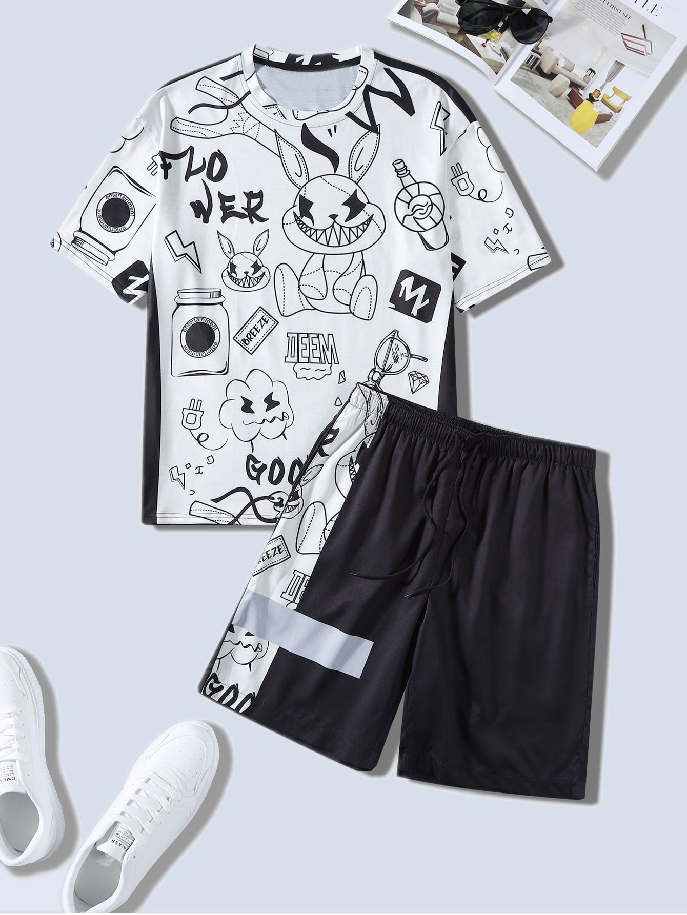 SHEIN Letter & Cartoon Graphic Tee & Drawstring Track Shorts Set - Negative Apparel