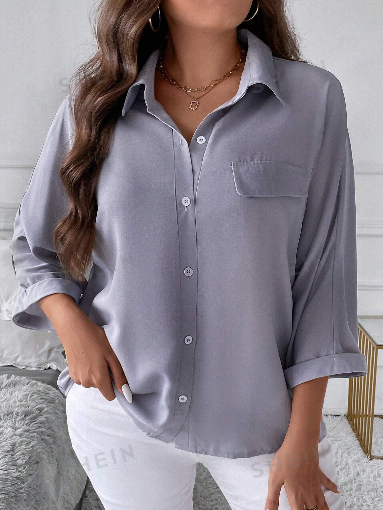 SHEIN LUNE Plus Batwing Sleeve Flap Detail Shirt - Negative Apparel