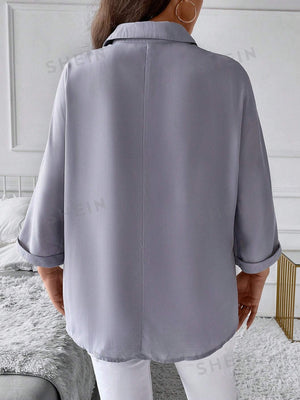 SHEIN LUNE Plus Batwing Sleeve Flap Detail Shirt - Negative Apparel