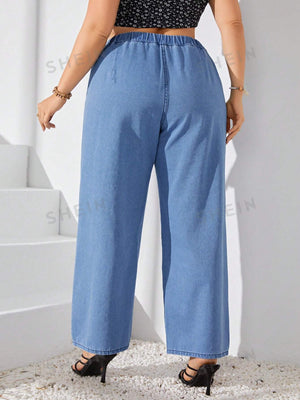 SHEIN LUNE Plus Size Elastic Waist Wide Leg Jeans - Negative Apparel