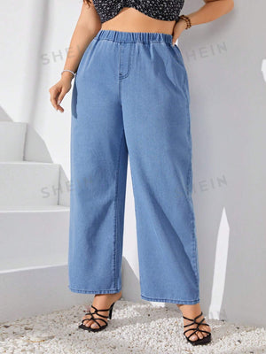 SHEIN LUNE Plus Size Elastic Waist Wide Leg Jeans - Negative Apparel