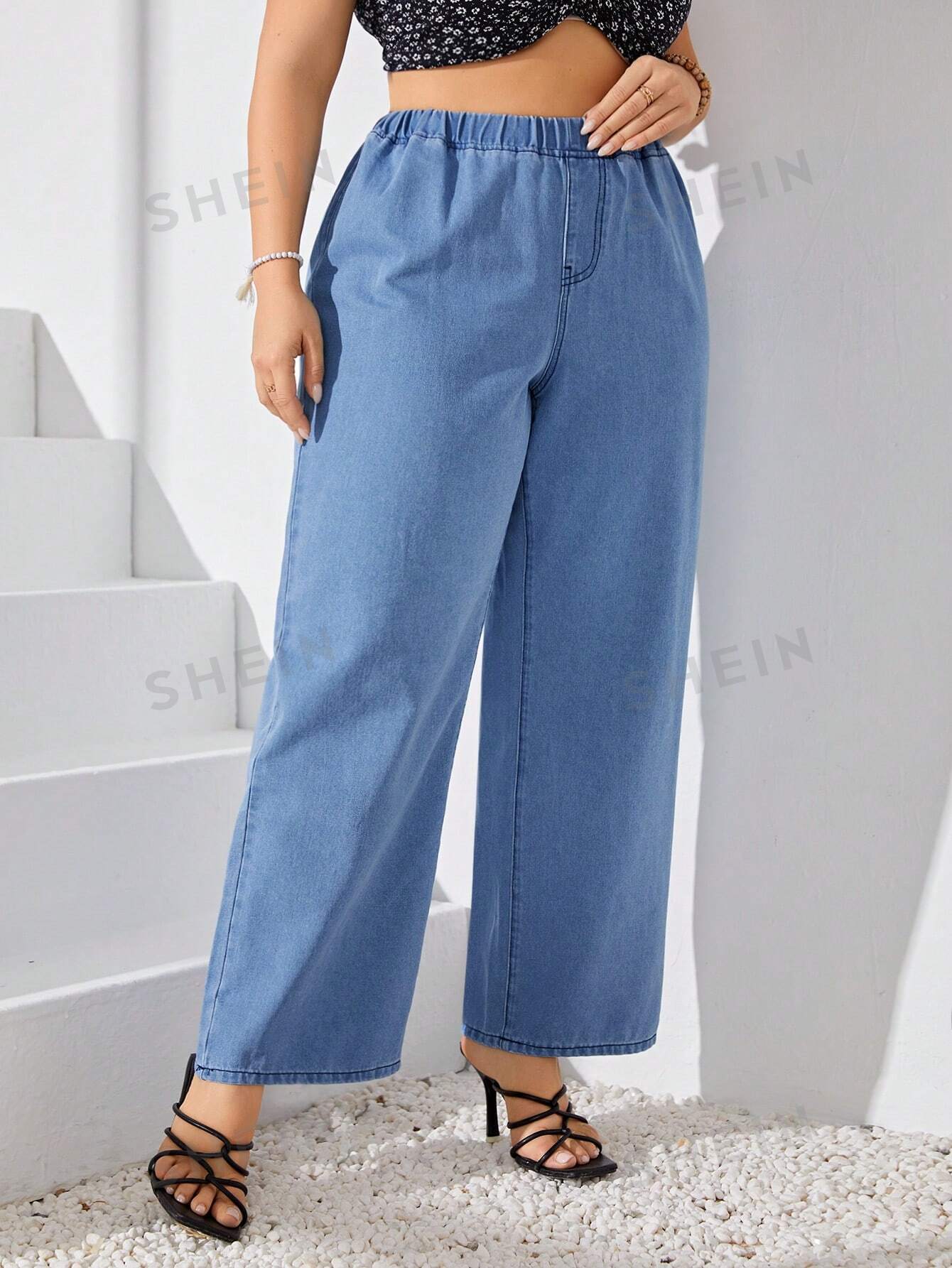 SHEIN LUNE Plus Size Elastic Waist Wide Leg Jeans - Negative Apparel