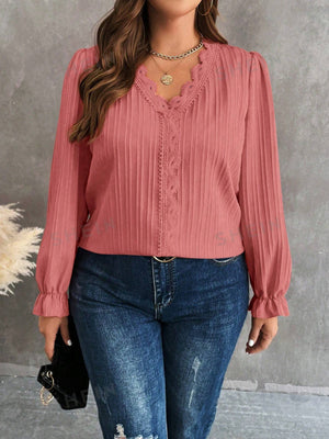 SHEIN LUNE Plus Size Women's Lace Patchwork Ruffle Sleeve Shirt - Negative Apparel