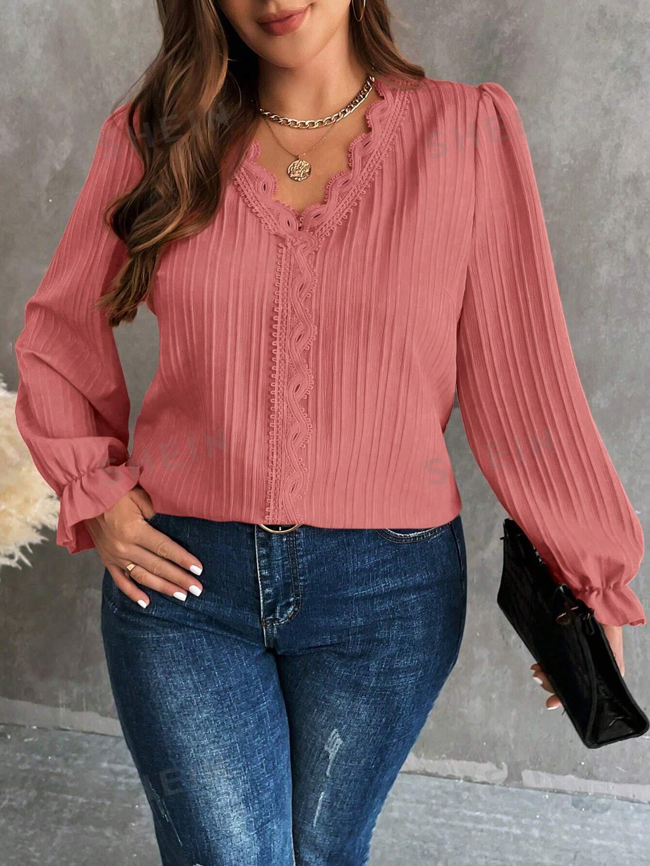SHEIN LUNE Plus Size Women's Lace Patchwork Ruffle Sleeve Shirt - Negative Apparel