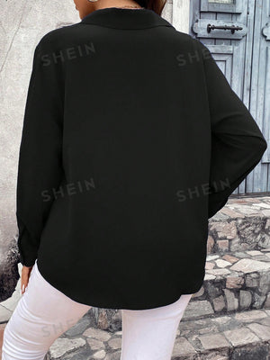 SHEIN LUNE Plus Solid Button Front Shirt - Negative Apparel