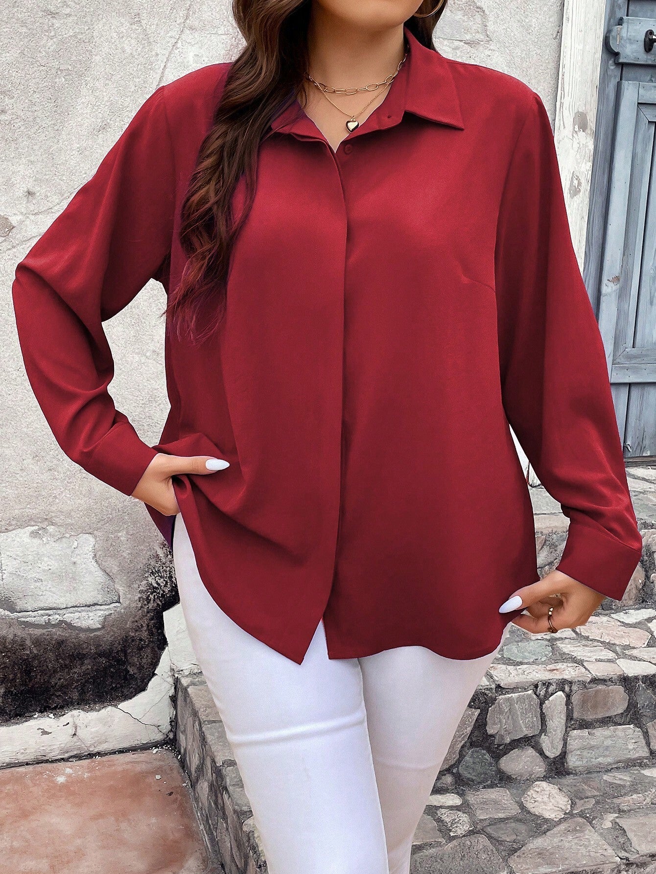 SHEIN LUNE Plus Solid Button Front Shirt - Negative Apparel