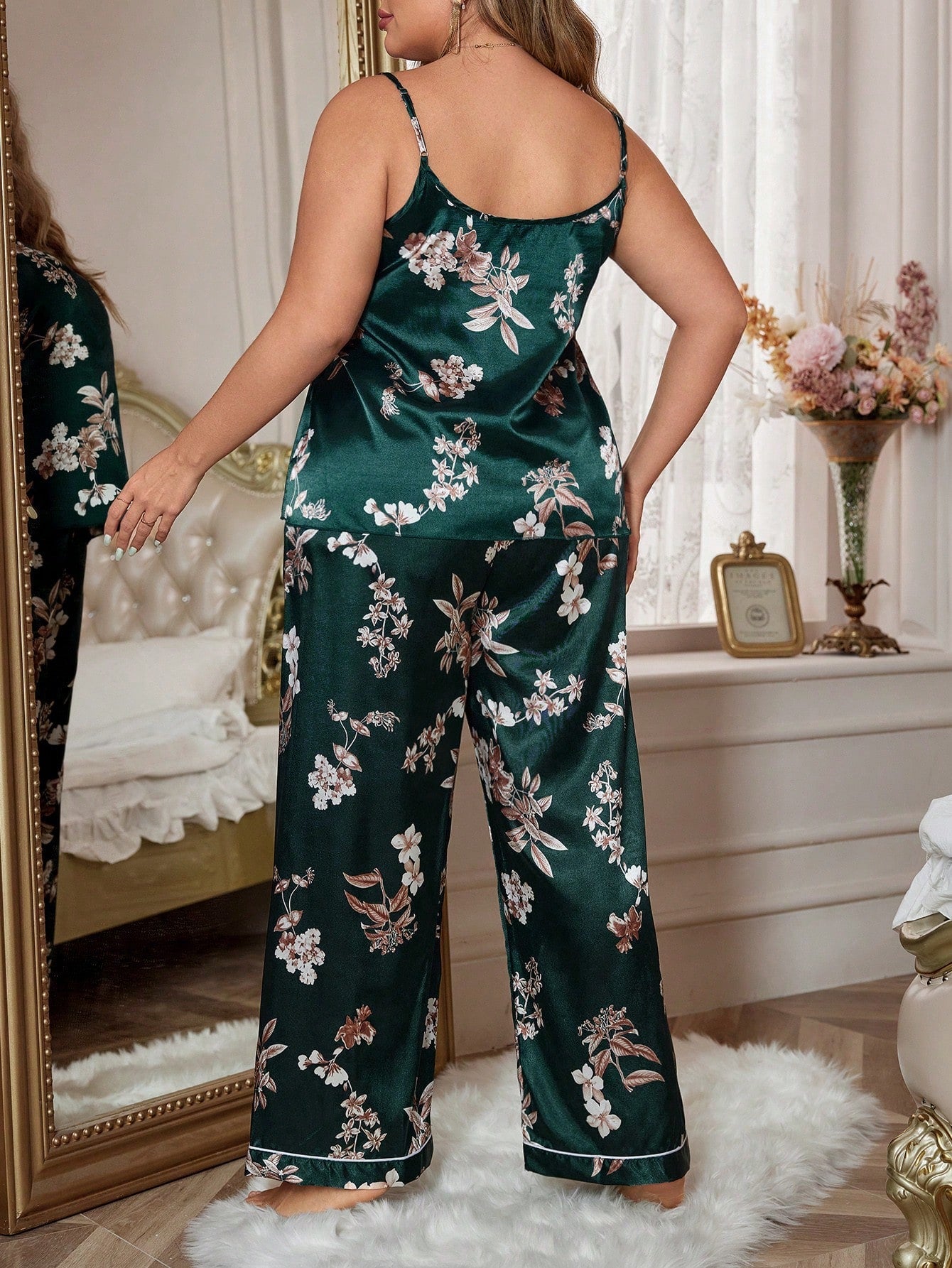 Shein LuxeNights Plus Floral Print Satin PJ Set / Pajama Set - Negative Apparel