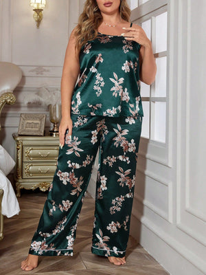 Shein LuxeNights Plus Floral Print Satin PJ Set / Pajama Set - Negative Apparel