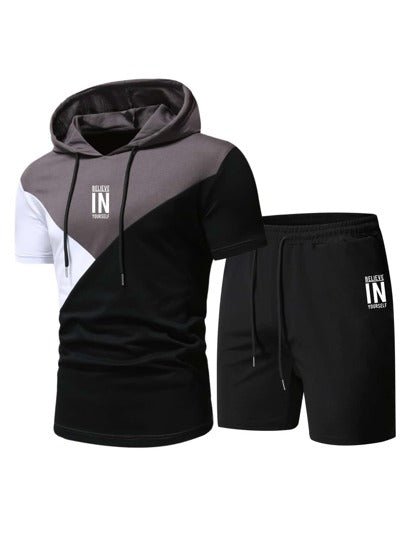 SHEIN Manfinity Homme Men Color Block Letter Graphic Drawstring Hooded Tee & Shorts - Negative Apparel