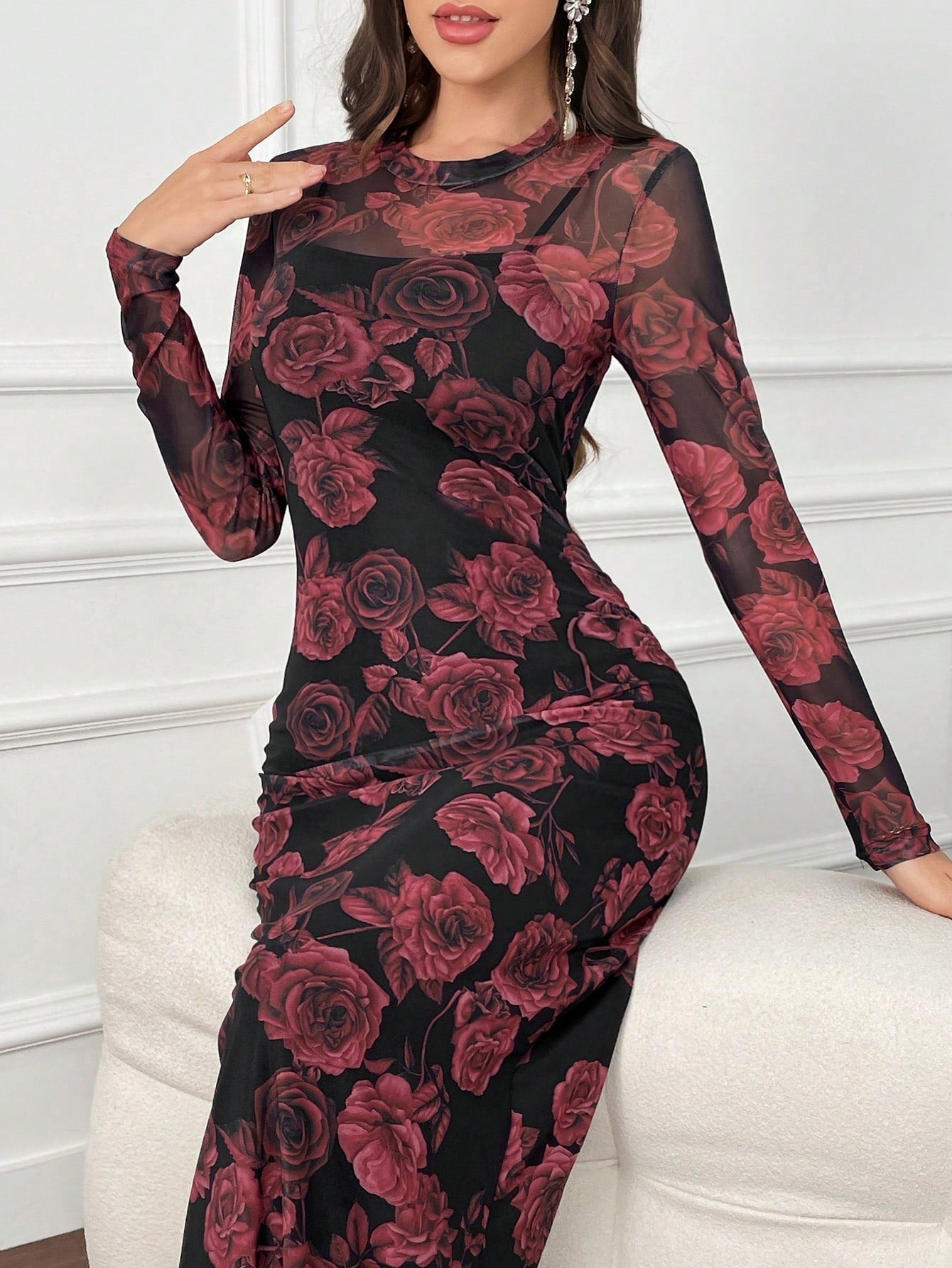 SHEIN Modely Floral Print Round Neck Bodycon Long Sleeve Dress - Negative Apparel