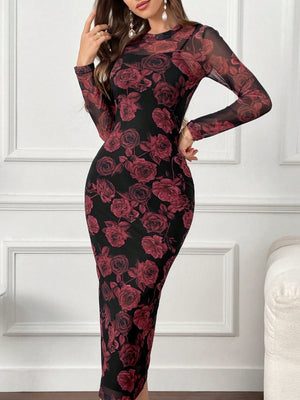 SHEIN Modely Floral Print Round Neck Bodycon Long Sleeve Dress - Negative Apparel
