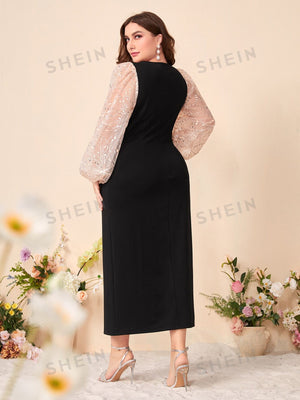 SHEIN Modely Plus Contrast Mesh Lantern Sleeve Dress Without Belt - Negative Apparel