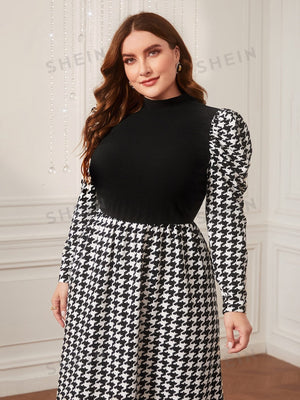 SHEIN Modely Plus Houndstooth Print Gigot Sleeve Dress Without Belt - Negative Apparel