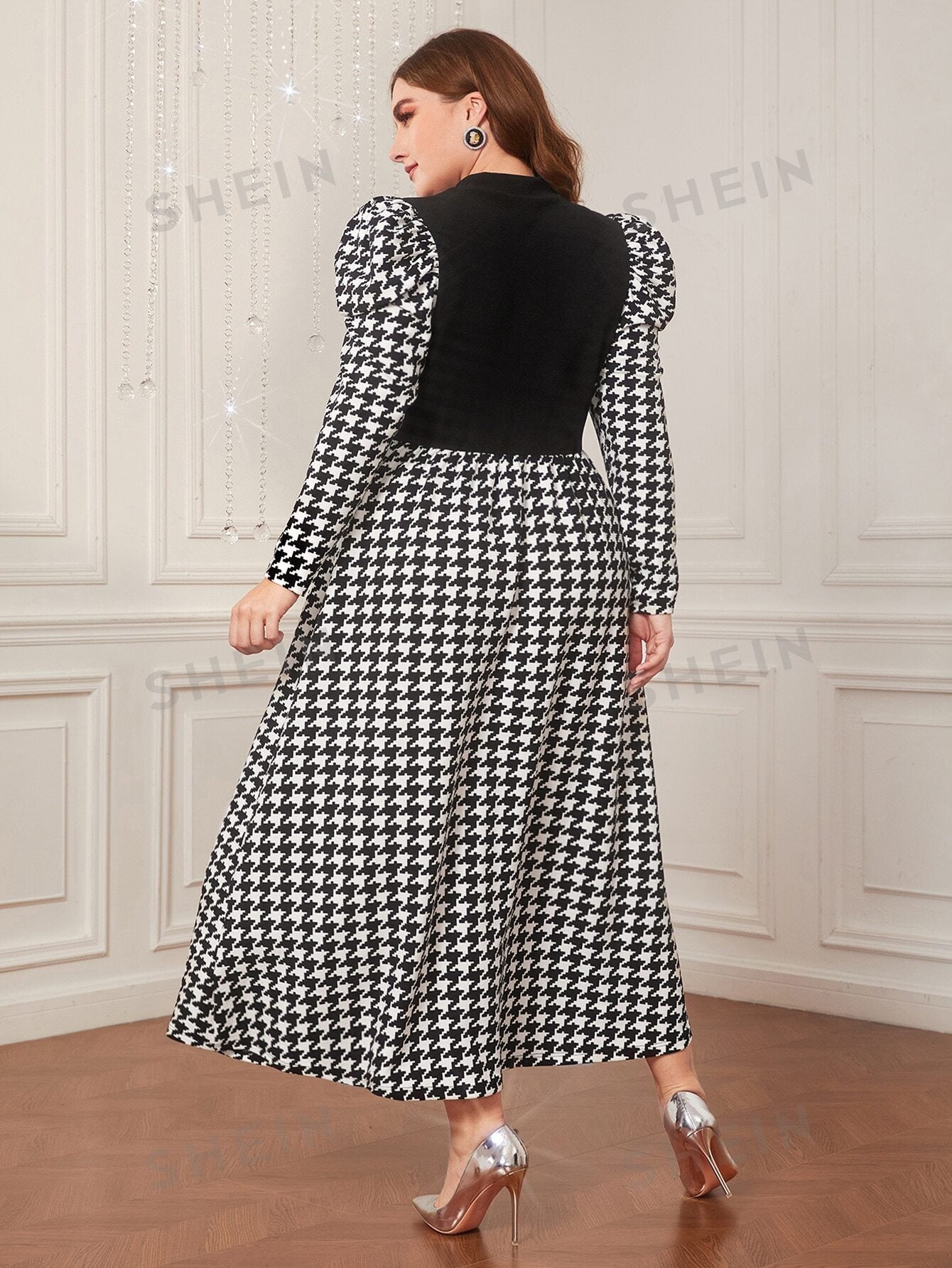 SHEIN Modely Plus Houndstooth Print Gigot Sleeve Dress Without Belt - Negative Apparel