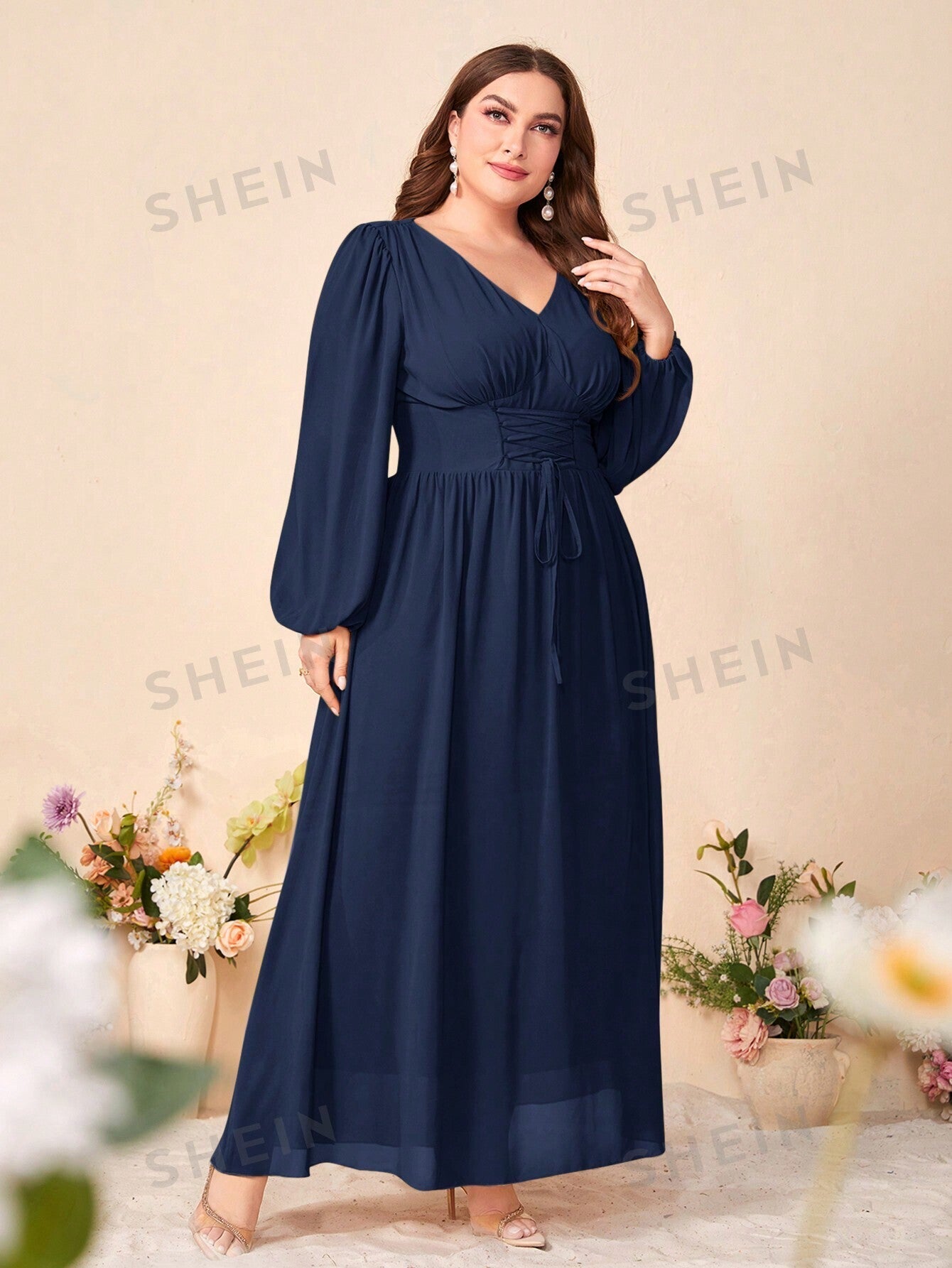 SHEIN Modely Plus Lantern Sleeve Lace-up Waist Maxi Dress - Negative Apparel