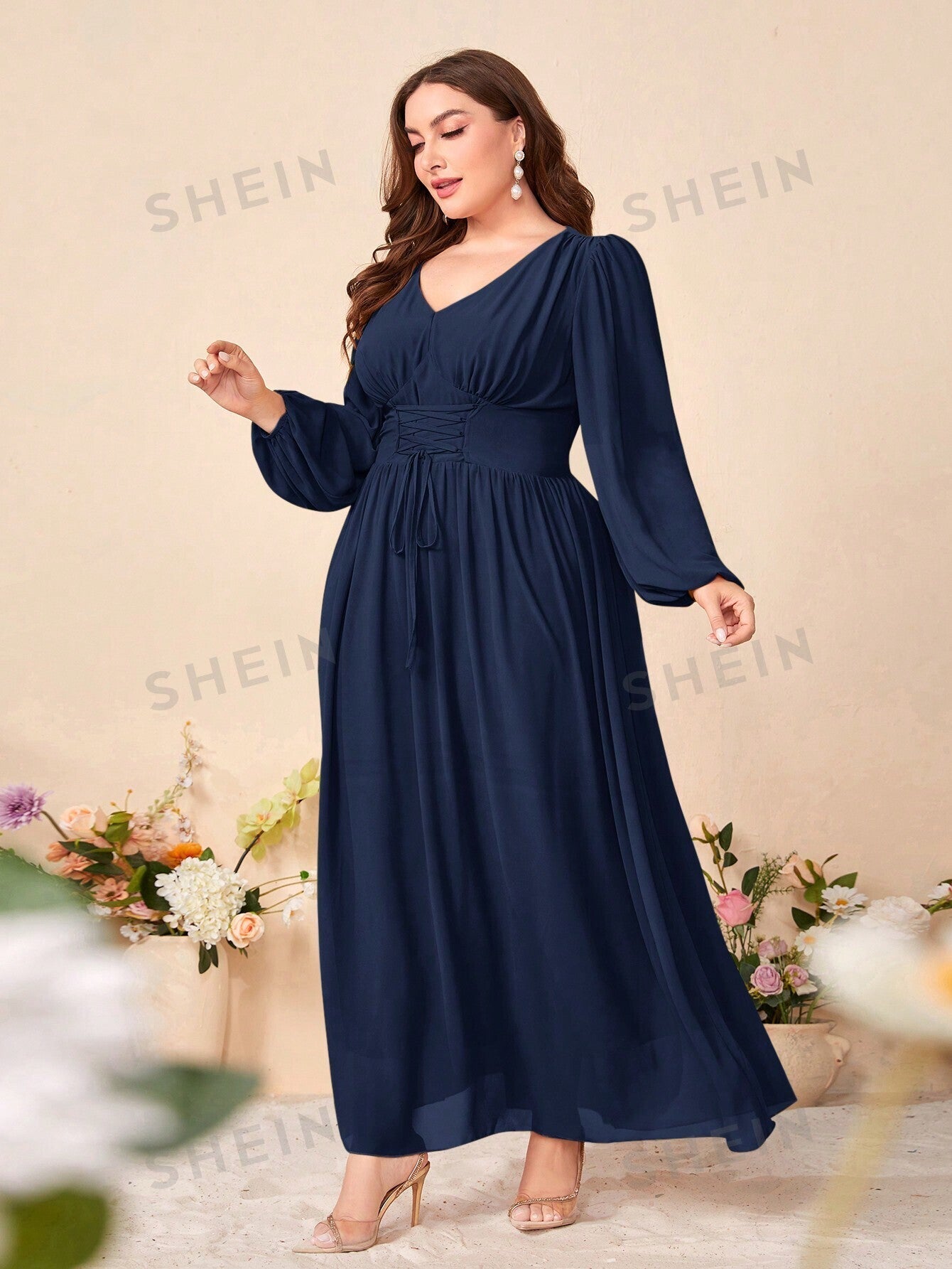 SHEIN Modely Plus Lantern Sleeve Lace-up Waist Maxi Dress - Negative Apparel