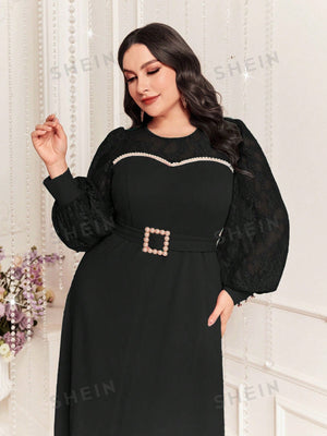 SHEIN Modely Plus Size Pearl Embellished Lace Patchwork Dress - Negative Apparel