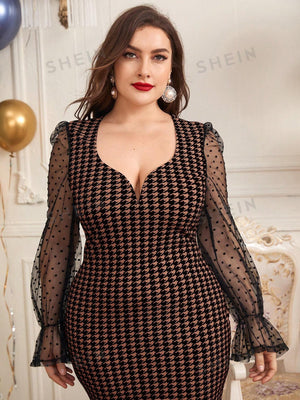 SHEIN Modely Plus Size Women's Houndstooth Print Mesh Splicing Long Sleeve Dress - Negative Apparel