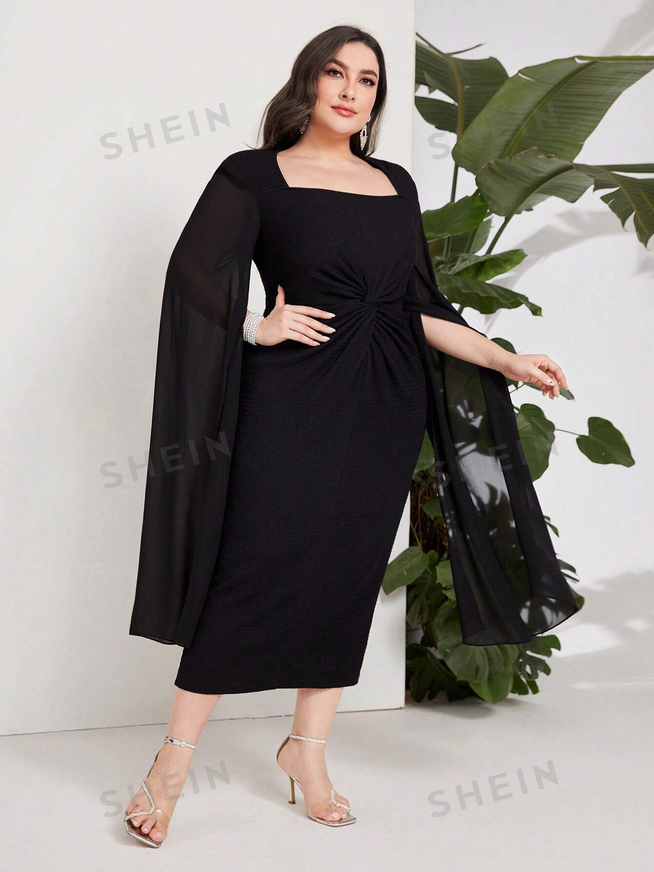 SHEIN Modely Plus Twist Front Split Sleeve Dress - Negative Apparel