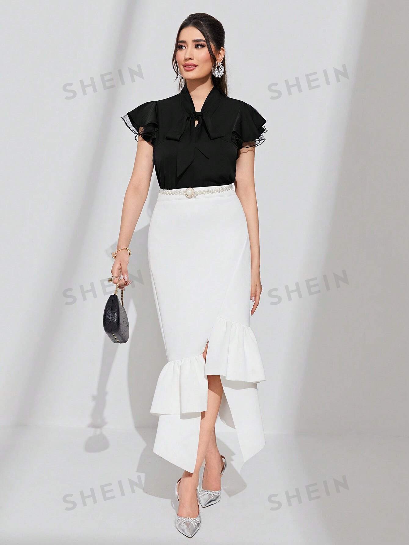 SHEIN Modely Tie Neck Contrast Mesh Flounce Sleeve Summer Blouse - Negative Apparel