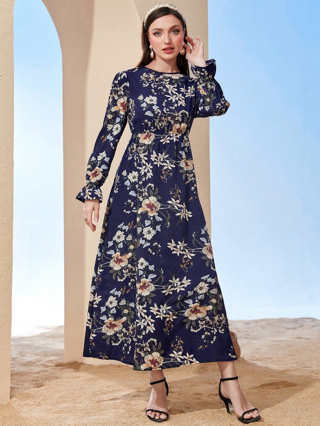 SHEIN Mulvari Floral Print Flare Sleeve Dress - Negative Apparel