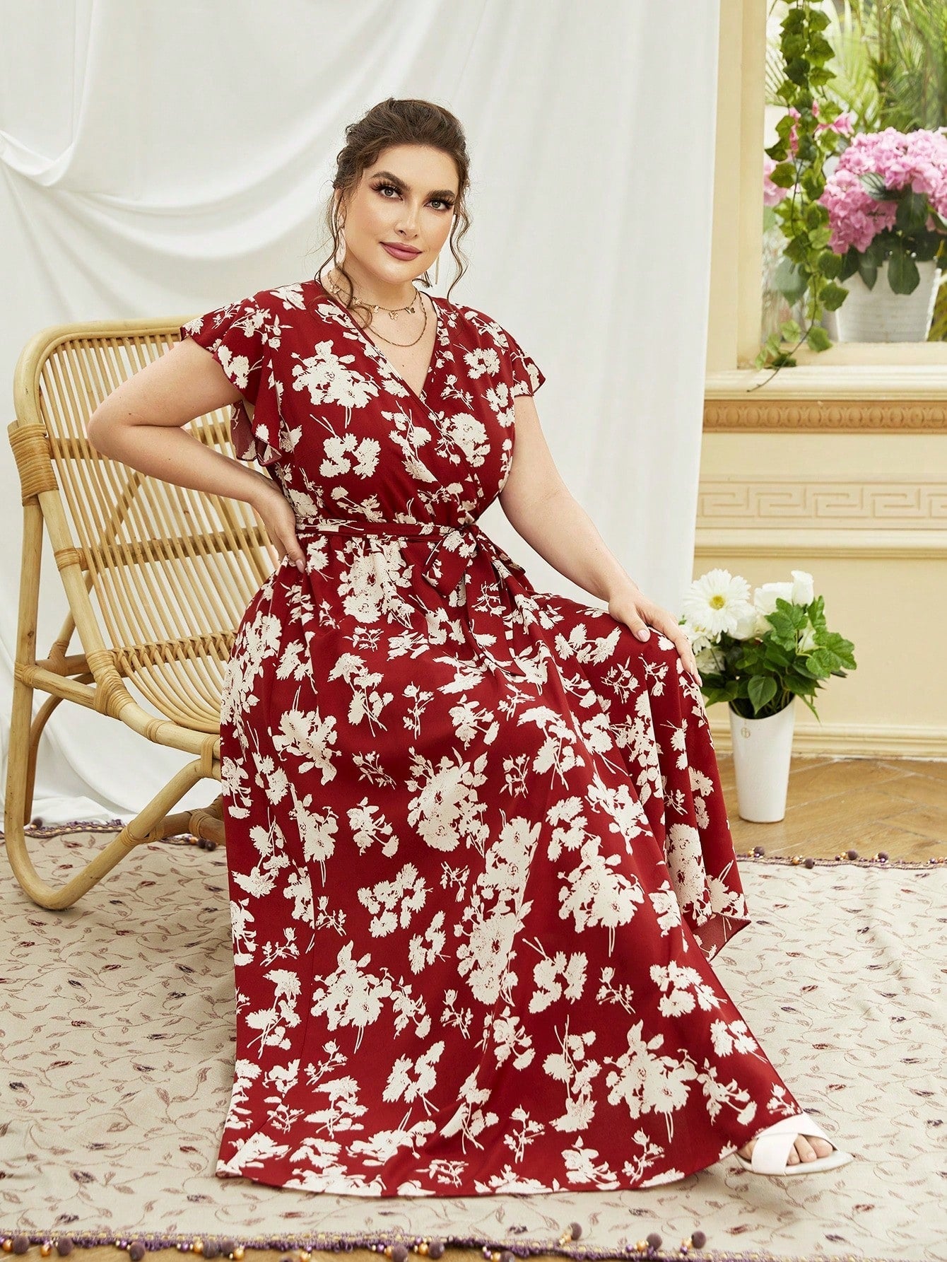 SHEIN Mulvari Plus Floral Print Butterfly Sleeve Belted