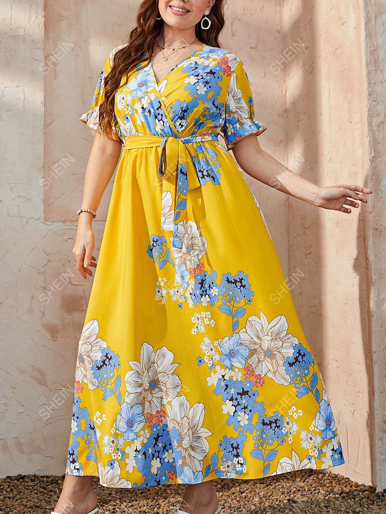 SHEIN Mulvari Plus Floral Print Puff Sleeve Belted Dress - Negative Apparel