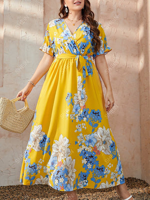 SHEIN Mulvari Plus Floral Print Puff Sleeve Belted Dress - Negative Apparel