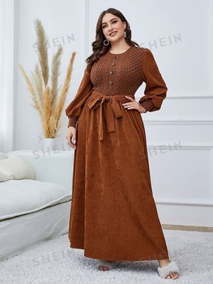 SHEIN Mulvari Plus Lantern Sleeve Belted Dress - Negative Apparel