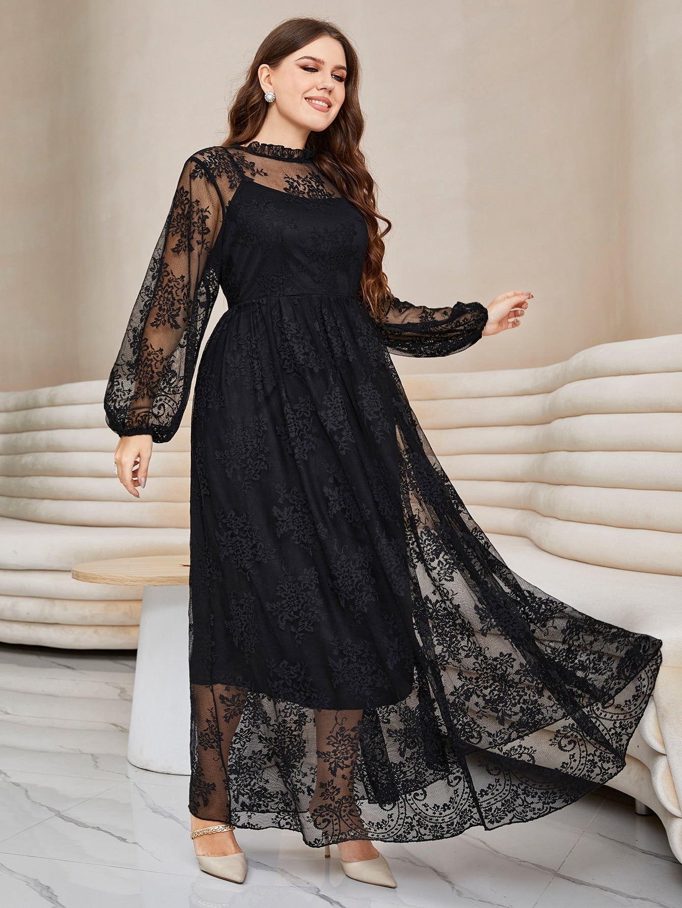 SHEIN Plus Lantern Sleeve Mock Neck Lace Dress