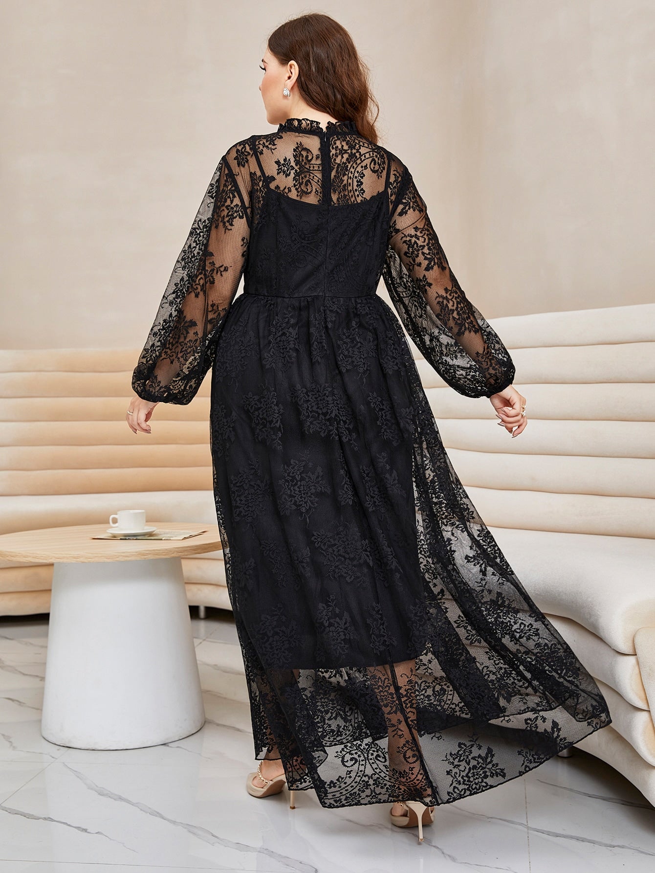 SHEIN Plus Lantern Sleeve Mock Neck Lace Dress - Negative Apparel
