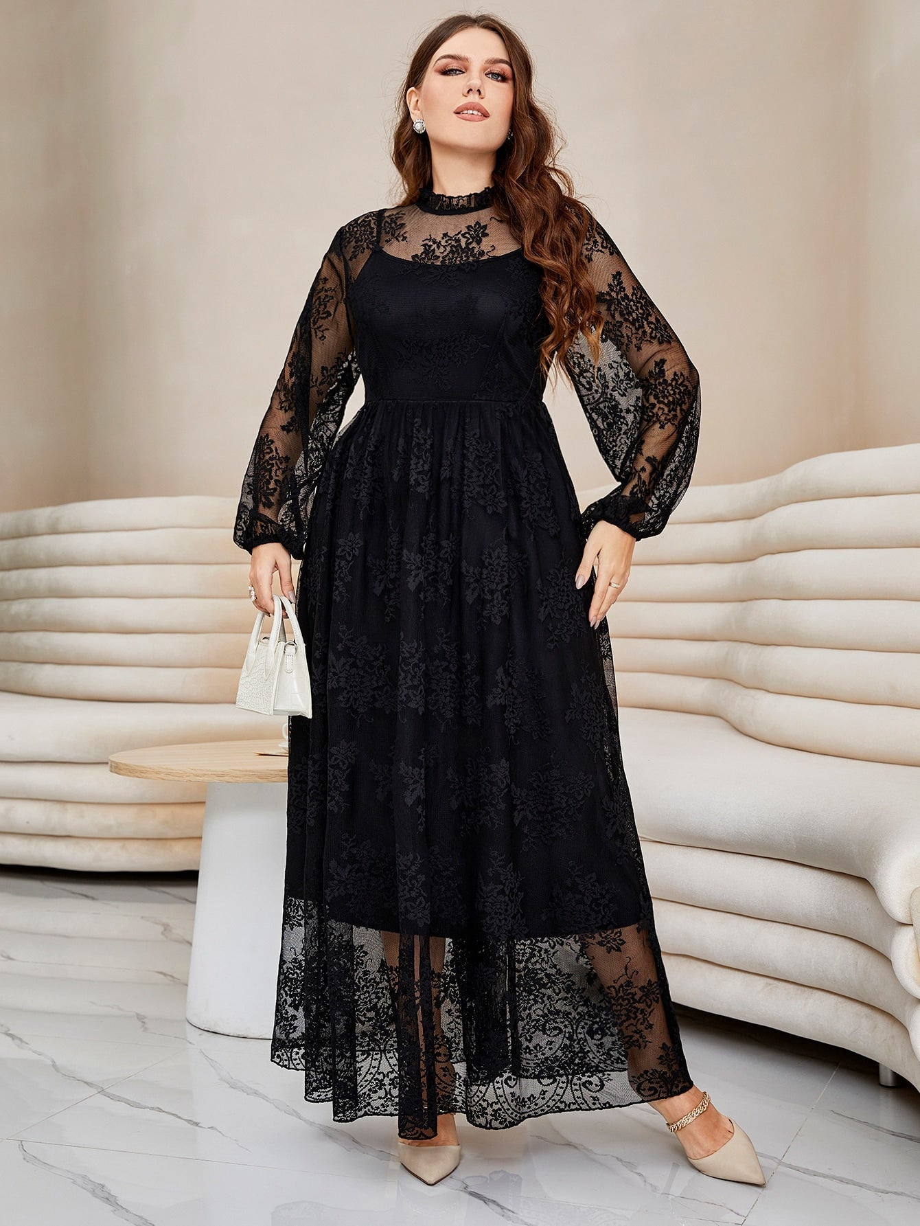 SHEIN Plus Lantern Sleeve Mock Neck Lace Dress - 12 (0XL)
