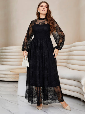 shein lace maxi dress SHEIN Plus Lantern Sleeve Mock Neck Lace Dress