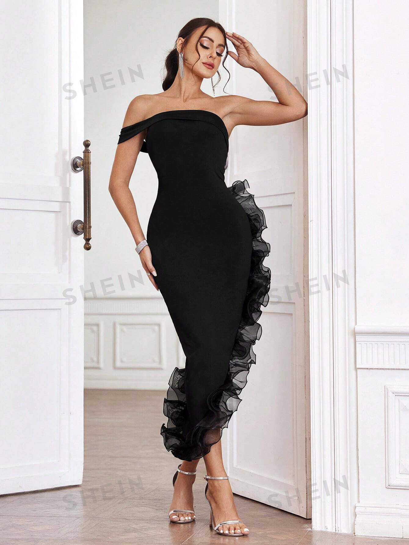 SHEIN Privé Asymmetrical Off Shoulder Dress With 3d Ruffle Decoration On The Hem - Negative Apparel