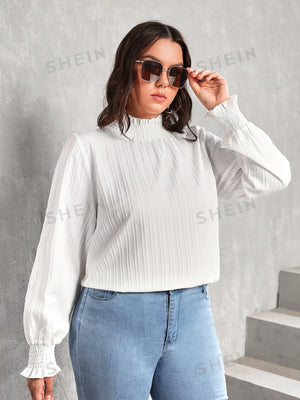 SHEIN Privé Plus Frilled Neck Flounce Sleeve Blouse - Negative Apparel