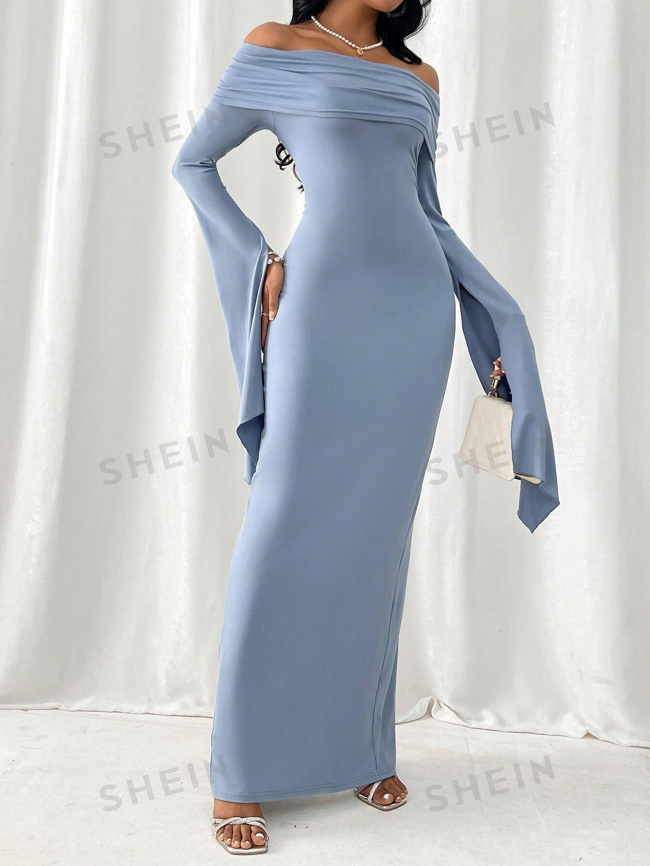 SHEIN Privé Women's Off-The-Shoulder Pleated Long Sleeve Maxi Dress With Split Hem - Negative Apparel