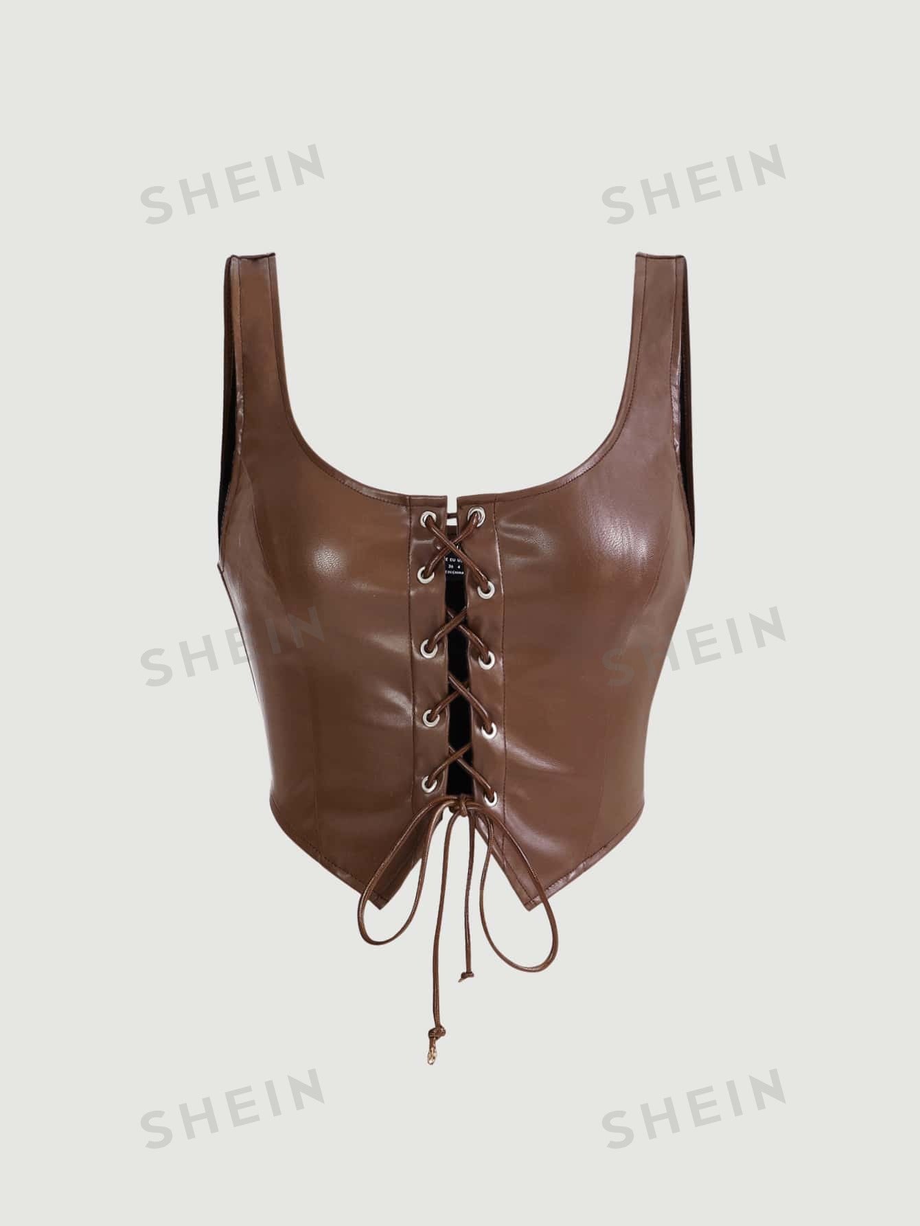 SHEIN Retro Vintage Clothes Lace Up Front PU Leather Tank Top - Negative Apparel