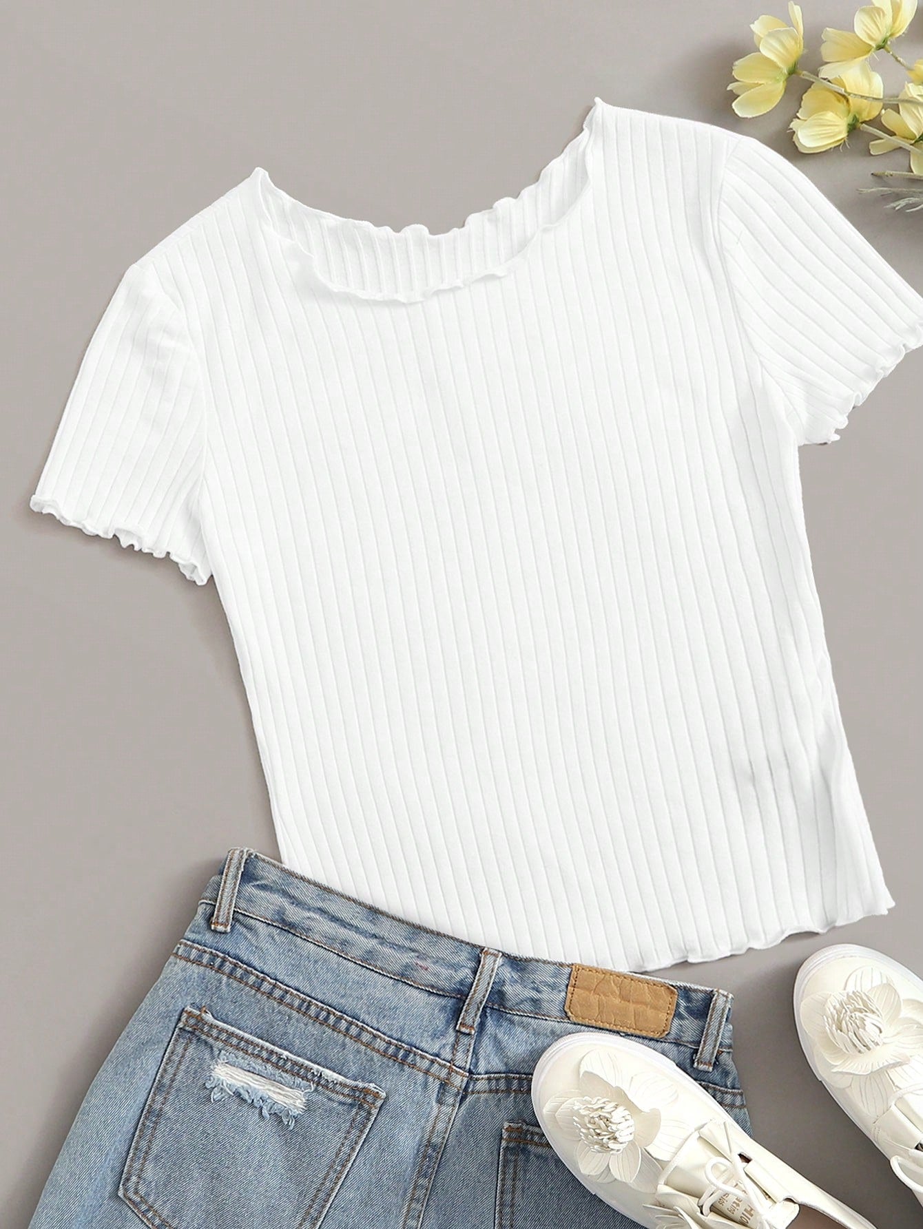 SHEIN Ribbed Lettuce-Edge Form-Fitting Top - Negative Apparel