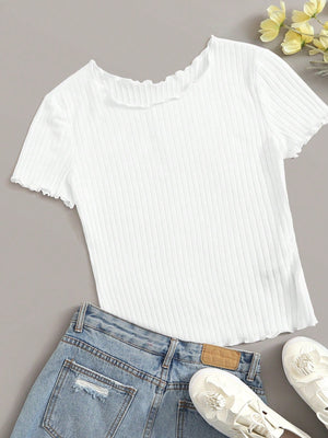 SHEIN Ribbed Lettuce-Edge Form-Fitting Top - Negative Apparel