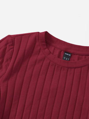 SHEIN Round Neck Short Sleeves Drawstring Ruched Side Rib-Knit Tee - Negative Apparel