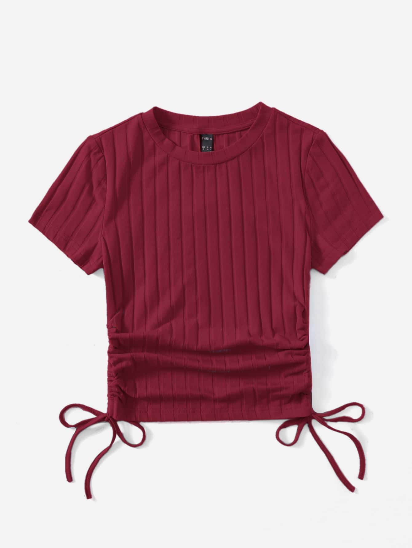 SHEIN Round Neck Short Sleeves Drawstring Ruched Side Rib-Knit Tee - Negative Apparel